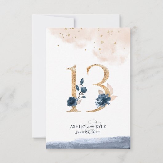 ネイビー、ブッシュ、ゴールドのウェディングテーブルナンバー 招待状 (裏面)