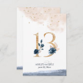 ネイビー、ブッシュ、ゴールドのウェディングテーブルナンバー 招待状 (正面/裏面)