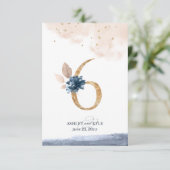 ネイビー、ブッシュ、ゴールドのウェディングテーブルナンバー 招待状 (スタンド正面)