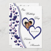 ネイビー&ブライトピンクハート結婚ズのフォト招待状 招待状 (正面/裏面)