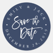 ネイビー |ブラシモダン文字の日付を保存 ラウンドシール (正面)