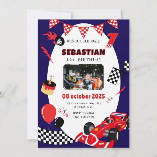 ネイビー&ブラックレース誕生日招待状カスタム写真 招待状 (正面)