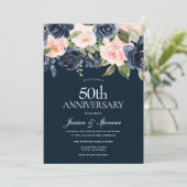 ネイビー & ブラッシュ フラワーズ 50周年 結婚記念日 招待状 (スタンド正面)