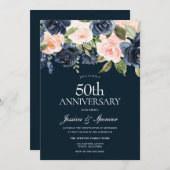 ネイビー & ブラッシュ フラワーズ 50周年 結婚記念日 招待状 (正面/裏面)