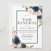 ネイビー & ブラッシュ フラワー エレガントな誓いの更新 招待状 (正面)