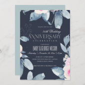 ネイビー ブラッシュ ブルー フラワーパターン 25周年 記念年 招待状 (正面/裏面)