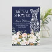 ネイビー ブラッシュ＆ホワイト ウェディングドレス ブライダルシャワー 招待状 (スタンド正面)