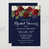 ネイビー&ブルガンディーレッドホワイトフローラブライダルシャワー 招待状 (正面/裏面)