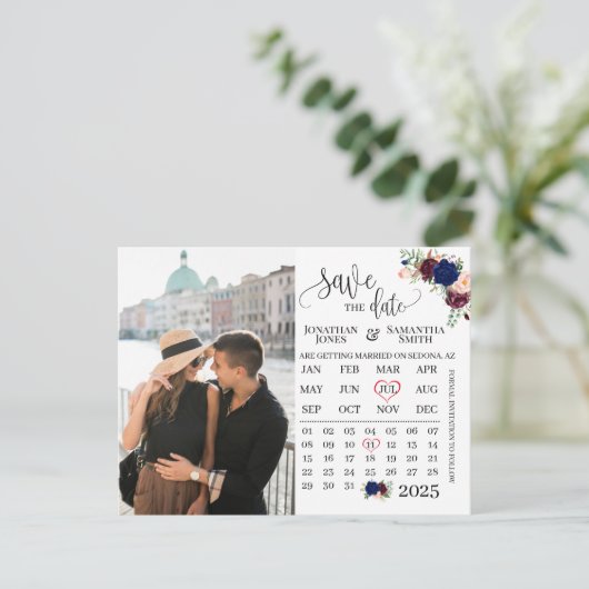 ネイビー・ブルゴーニュの日付を保存した写真カレン結婚ダー ポストカード (スタンド正面)