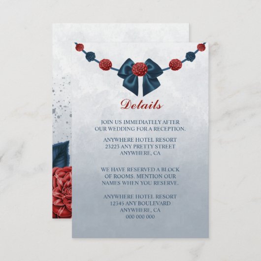 ネイビー&ブルゴーニュの花の美しい弓詳細 エンクロージャーカード (正面/裏面)