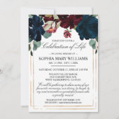 ネイビー&ブルゴーニュバラ葬儀お祝いオブ・ライフ 招待状 (正面)