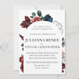 ネイビー&ブルゴーニュフローラアーチ結婚ズ 招待状