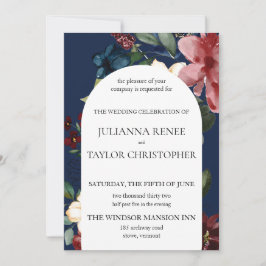 ネイビー&ブルゴーニュフローラアーチ結婚ズ 招待状