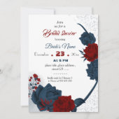 ネイビー&ブルゴーニュフローラ植物学ブライダルシャワー 招待状 (正面)