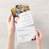 ネイビー・ブルゴーニュ植物学結婚フローラ撮影 オールインワン招待状 (貼ってはがせる)