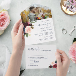 ネイビー・ブルゴーニュ植物学結婚フローラ撮影 オールインワン招待状