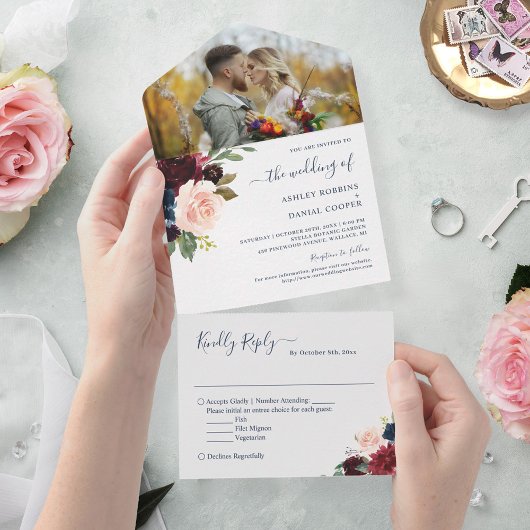 ネイビー・ブルゴーニュ植物学結婚フローラ撮影 オールインワン招待状