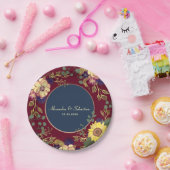 ネイビー・ブルゴーニュ結婚ーのヒマワリ ペーパープレート (パーティー)