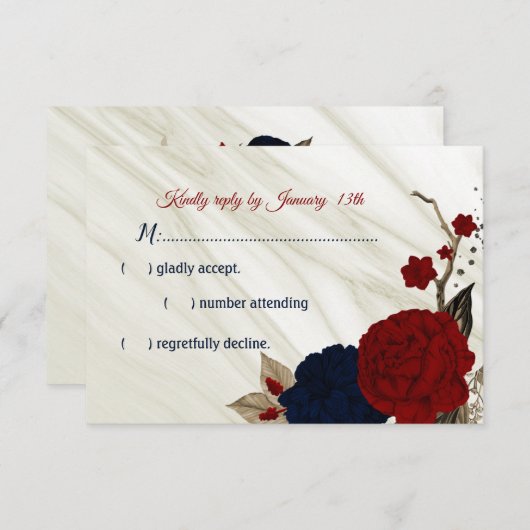 ネイビー&ブルゴーニュ花大理石 出欠カード (正面/裏面)