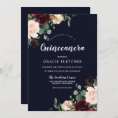 ネイビー&ブルゴーニュ赤い花キンセアニェラパーティー 招待状 (正面/裏面)