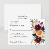 ネイビー、ブルゴーニュ&ピンクフローラノミールRSVPカード 出欠カード (正面/裏面)