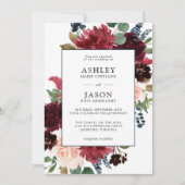 ネイビー、ブルゴーニュ、赤面ウォーター色のフローラ結婚ズ 招待状 (正面)