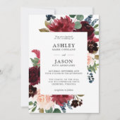 ネイビー、ブルゴーニュ、赤面ウォーター色のフローラ結婚ズ 招待状 (正面)