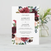 ネイビー、ブルゴーニュ、赤面ウォーター色のフローラ結婚ズ 招待状 (スタンド正面)