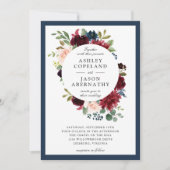 ネイビー、ブルゴーニュ、赤面フレームフローラ結婚ズ 招待状 (正面)