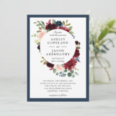 ネイビー、ブルゴーニュ、赤面フレームフローラ結婚ズ 招待状 (スタンド正面)