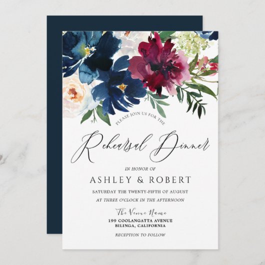 ネイビー，ブルゴーニュ&赤面フローラリハーサルディナー 招待状 (正面/裏面)