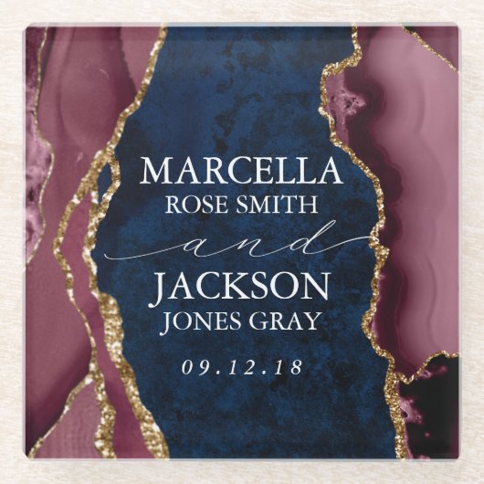 ネイビー・ブルゴーニュ・金ゴールドアゲート結婚ズ ガラスコースター (正面)