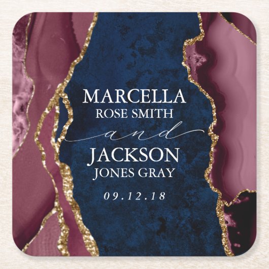 ネイビー・ブルゴーニュ・金ゴールドアゲート結婚ズ スクエアペーパーコースター (正面)
