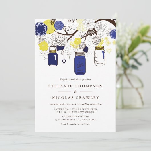 ネイビー・ブルーとイエローつるのメイスン・ジャース結婚ズ 招待状 (スタンド正面)