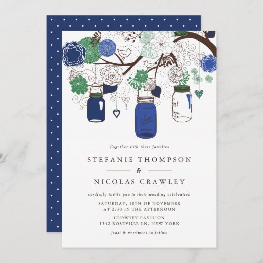 ネイビー・ブルーとグリーンつるのメイソン・ジャース結婚ズ 招待状 (正面/裏面)
