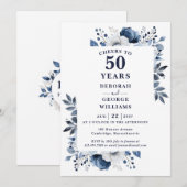 ネイビー・ブルーの50周年結婚記念日おめでとう 招待状 (正面/裏面)