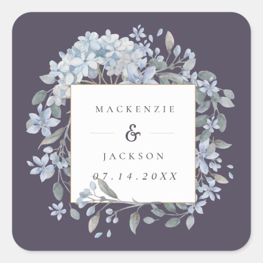 ネイビー&ブルーアジサイのフレーム水の色結婚の設定 スクエアシール (正面)