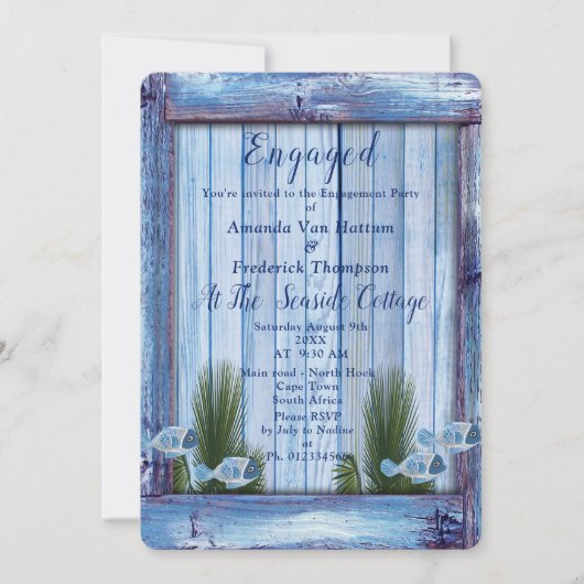 ネイビー – ブルーウッド&フィッシュ婚約 招待状 (正面)