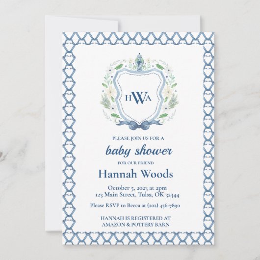 ネイビー&ブルークレストチノワセリーモノグラムベビーシャワー 招待状 (正面)