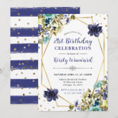 ネイビー&ブルーサマーフラワーフレーム誕生日 招待状 (正面/裏面)
