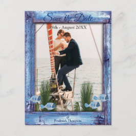 ネイビー – ブルーテクスチャード木材&魚の日付を保存 案内ポストカード