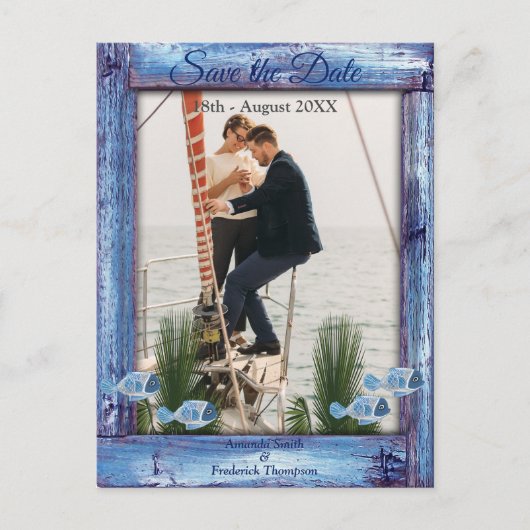 ネイビー – ブルーテクスチャード木材&魚の日付を保存 案内ポストカード (正面)