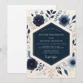 ネイビー ブルーミング ボタニカル ウェディング 招待状 (正面/裏面)