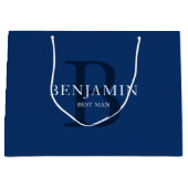 ネイビー・ブルー・ウェディング・パーティー・モノグラムありがとう ラージペーパーバッグ (正面)