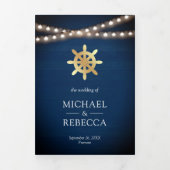 ネイビー・ブルー・ウッ航海のド・金ゴールド・ハイ結婚ルズ 三つ折り招待状 (カバー)