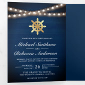 ネイビー・ブルー・ウッ航海のド・金ゴールド・ハイ結婚ルズ 三つ折り招待状 (内部最初)