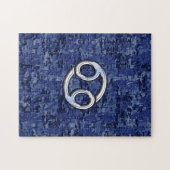 ネイビー・ブルー・デジタル迷彩柄上のがん〔占星術の〕十二宮図サイン ジグソーパズル (横)