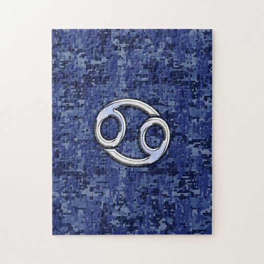 ネイビー・ブルー・デジタル迷彩柄上のがん〔占星術の〕十二宮図サイン ジグソーパズル (縦)