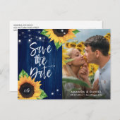 ネイビー·ブルー·ヒマワリー·セーブ·ザ·デート·フォトポストカード 案内ポストカード (正面/裏面)