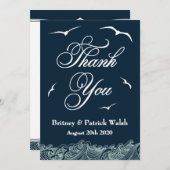 ネイビー·ブルー&ホワ航海のイトの結婚サンキューカード サンキューカード (正面/裏面)